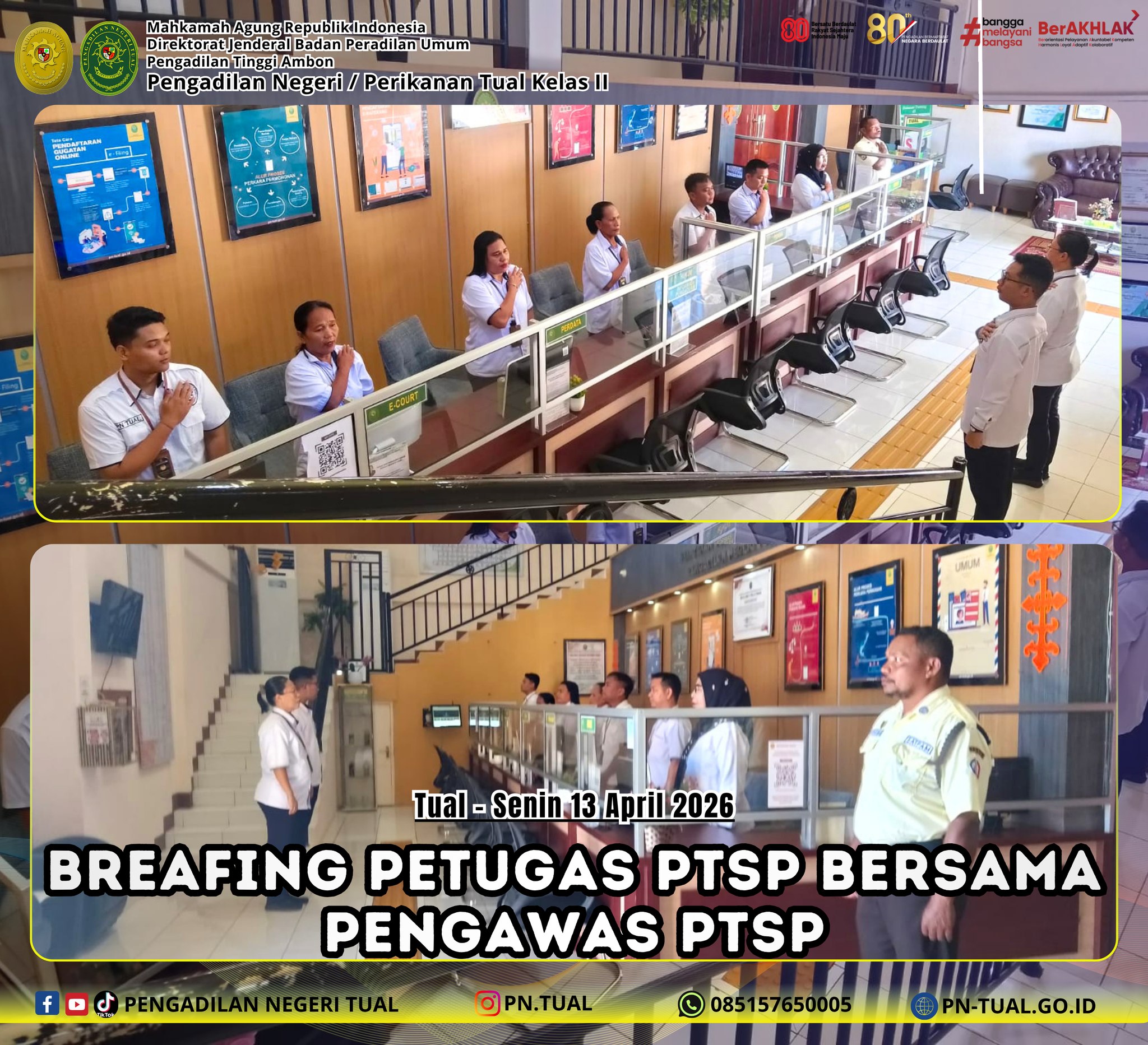 Briefing Pagi hari ini kepada Petugas PTSP dan Security dipimpin oleh Hakim Pengawas PTSP